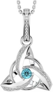 Diamond Aquamarine Silver Celtic Trinity Knot Necklace