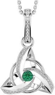 Diamond Emerald Silver Celtic Trinity Knot Necklace