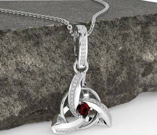 Diamond Garnet Silver Celtic Trinity Knot Necklace