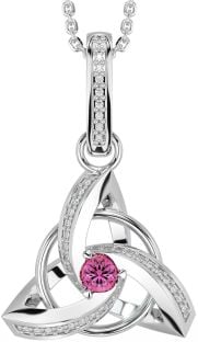 Diamond Pink Tourmaline Silver Celtic Trinity Knot Necklace