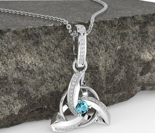 Diamond Aquamarine White Gold Celtic Trinity Knot Necklace