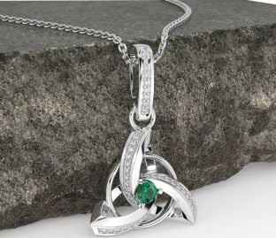 Diamond Emerald White Gold Celtic Trinity Knot Necklace