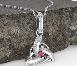Diamond Pink Tourmaline White Gold Celtic Trinity Knot Necklace