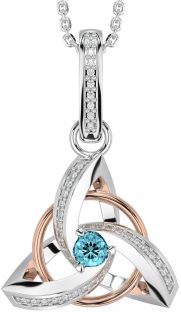 Diamant Aquamarin Weiß Rose Gold keltisch Dreieinigkeit Knoten Halskette