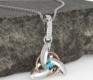 Diamond Aquamarine White Rose Gold Celtic Trinity Knot Necklace