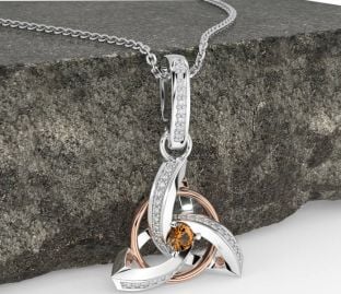 Diamond Citrine White Rose Gold Celtic Trinity Knot Necklace