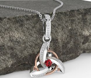 Diamond Ruby White Rose Gold Celtic Trinity Knot Necklace