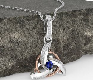 Diamond Sapphire White Rose Gold Celtic Trinity Knot Necklace