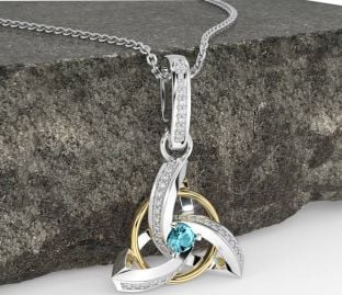 Diamond Aquamarine White Yellow Gold Celtic Trinity Knot Necklace