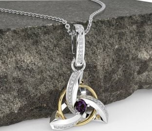 Diamond Alexandrite White Yellow Gold Celtic Trinity Knot Necklace