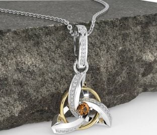 Diamond Citrine White Yellow Gold Celtic Trinity Knot Necklace
