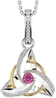 Diamond Pink Tourmaline White Yellow Gold Celtic Trinity Knot Necklace