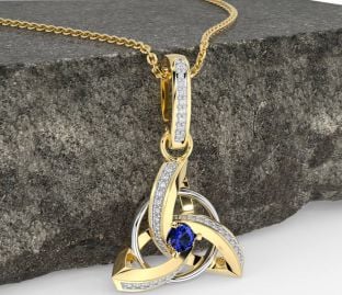 Diamond Sapphire White Yellow Gold Celtic Trinity Knot Necklace