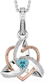 Diamond Aquamarine Rose Gold Silver Celtic Trinity Heart Knot Necklace