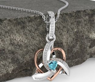 Diamond Aquamarine Rose Gold Silver Celtic Trinity Heart Knot Necklace