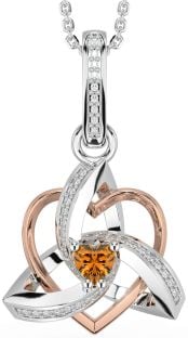 Diamond Citrine Rose Gold Silver Celtic Trinity Heart Knot Necklace