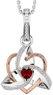 Diamond Garnet Rose Gold Silver Celtic Trinity Heart Knot Necklace