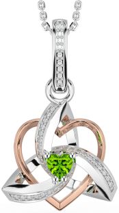 Diamond Peridot Rose Gold Silver Celtic Trinity Heart Knot Necklace