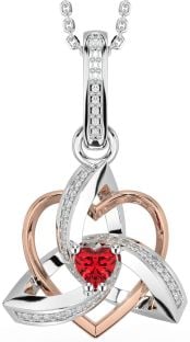 Diamond Ruby Rose Gold Silver Celtic Trinity Heart Knot Necklace