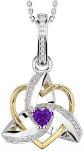 Diamond Amethyst Gold Silver Celtic Trinity Heart Knot Necklace