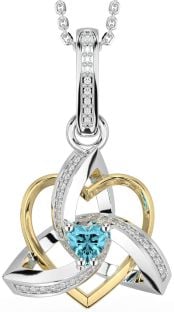 Diamond Aquamarine Gold Silver Celtic Trinity Heart Knot Necklace