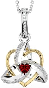 Diamond Garnet Gold Silver Celtic Trinity Heart Knot Necklace