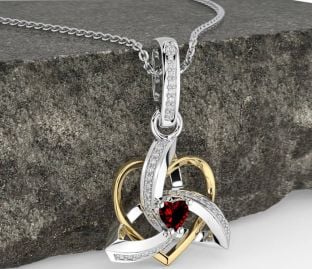 Diamond Garnet Gold Silver Celtic Trinity Heart Knot Necklace