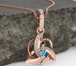 Diamond Aquamarine Rose Gold Silver Celtic Trinity Heart Knot Necklace