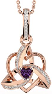 Diamond Alexandrite Rose Gold Silver Celtic Trinity Heart Knot Necklace