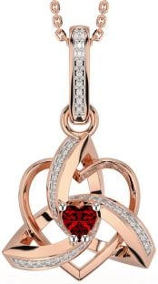 Diamond Garnet Rose Gold Silver Celtic Trinity Heart Knot Necklace