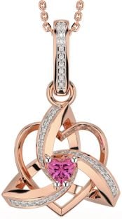 Diamond Pink Tourmaline Rose Gold Silver Celtic Trinity Heart Knot Necklace