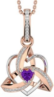 Diamond Amethyst Rose Gold Silver Celtic Trinity Heart Knot Necklace