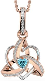 Diamond Aquamarine Rose Gold Silver Celtic Trinity Heart Knot Necklace