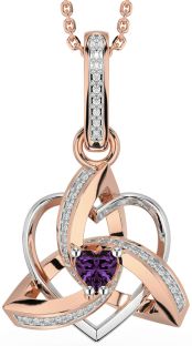 Diamond Alexandrite Rose Gold Silver Celtic Trinity Heart Knot Necklace