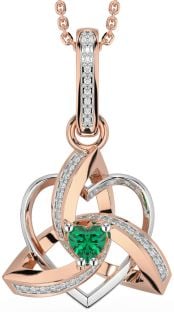 Diamond Emerald Rose Gold Silver Celtic Trinity Heart Knot Necklace