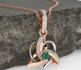 Diamond Emerald Rose Gold Silver Celtic Trinity Heart Knot Necklace