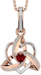 Diamond Garnet Rose Gold Silver Celtic Trinity Heart Knot Necklace