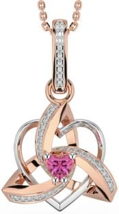 Diamond Pink Tourmaline Rose Gold Silver Celtic Trinity Heart Knot Necklace