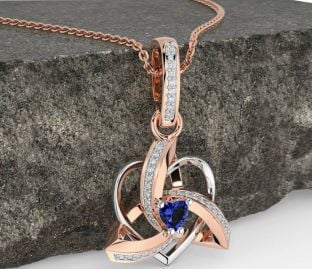 Diamond Sapphire Rose Gold Silver Celtic Trinity Heart Knot Necklace