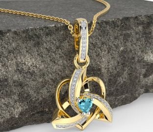 Diamond Aquamarine Gold Silver Celtic Trinity Heart Knot Necklace