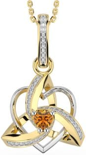 Diamond Citrine Gold Silver Celtic Trinity Heart Knot Necklace