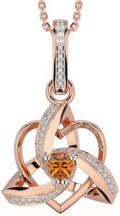 Diamond Citrine Rose Gold Celtic Trinity Heart Knot Necklace