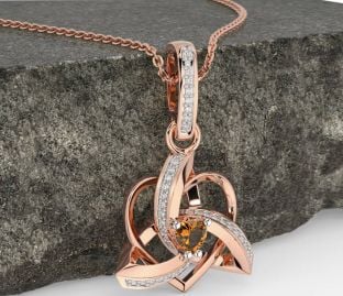 Diamond Citrine Rose Gold Celtic Trinity Heart Knot Necklace
