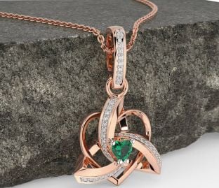 Diamond Emerald Rose Gold Celtic Trinity Heart Knot Necklace