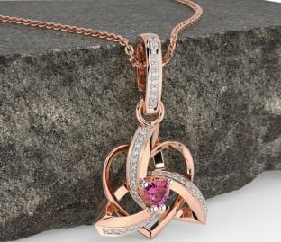 Diamond Pink Tourmaline Rose Gold Celtic Trinity Heart Knot Necklace