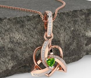 Diamond Peridot Rose Gold Celtic Trinity Heart Knot Necklace
