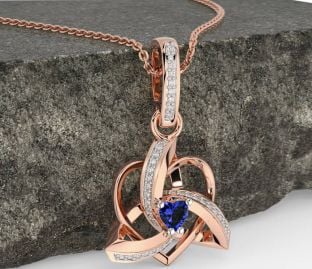 Diamond Sapphire Rose Gold Celtic Trinity Heart Knot Necklace