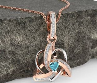Diamond Aquamarine White Rose Gold Celtic Trinity Heart Knot Necklace