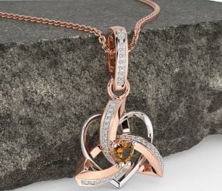Diamond Citrine White Rose Gold Celtic Trinity Heart Knot Necklace