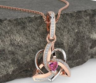Diamond Pink Tourmaline White Rose Gold Celtic Trinity Heart Knot Necklace